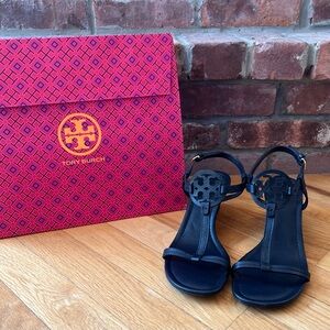 Tory Burch Navy Tumbled Leather Mini Miller 60MM Wedge Sandals